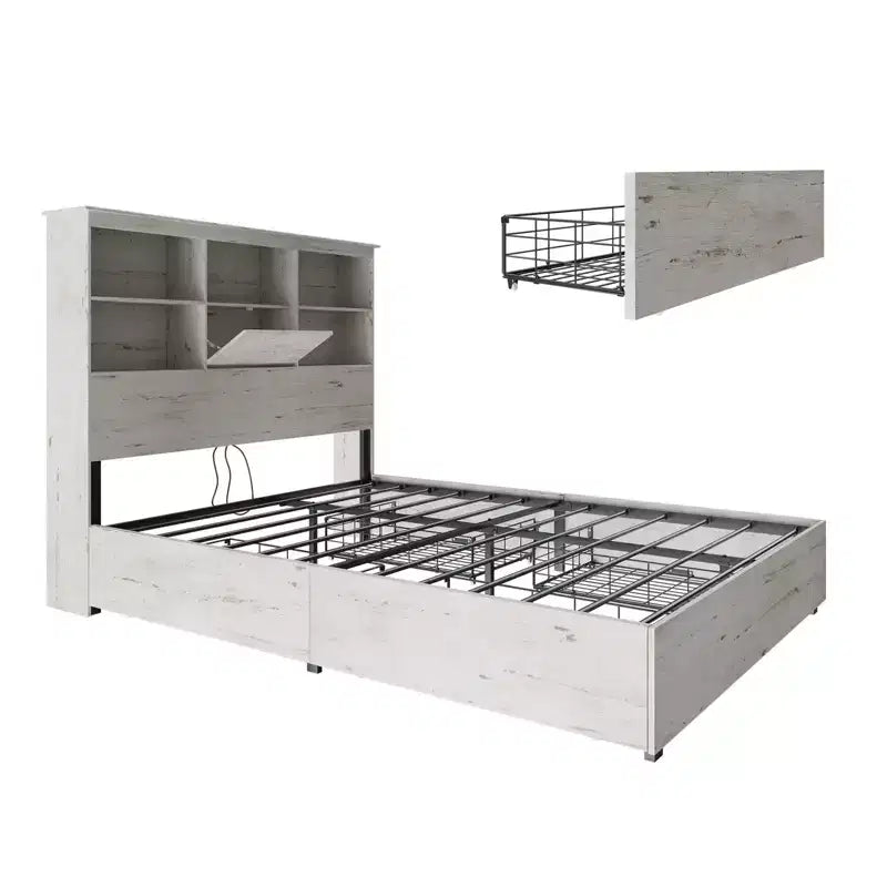 Bed Frame with LED Bookcase Headboard, Wooden Storage Bed with 4 Drawers, Charging Station
