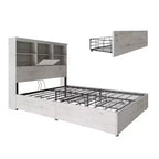 Bed Frame with LED Bookcase Headboard, Wooden Storage Bed with 4 Drawers, Charging Station