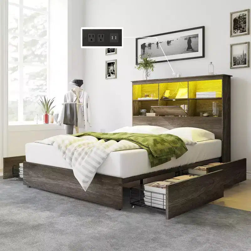 Bed Frame with LED Bookcase Headboard, Wooden Storage Bed with 4 Drawers, Charging Station