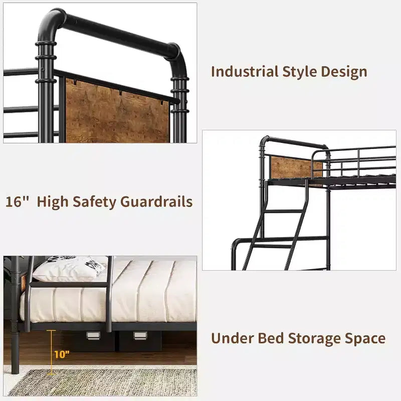 Metal Bunk Beds Twin Over Full Size with Angled Ladder and Safety Guardrails, Space Saving, Sturdy, Convertible Metal Bunk Beds
