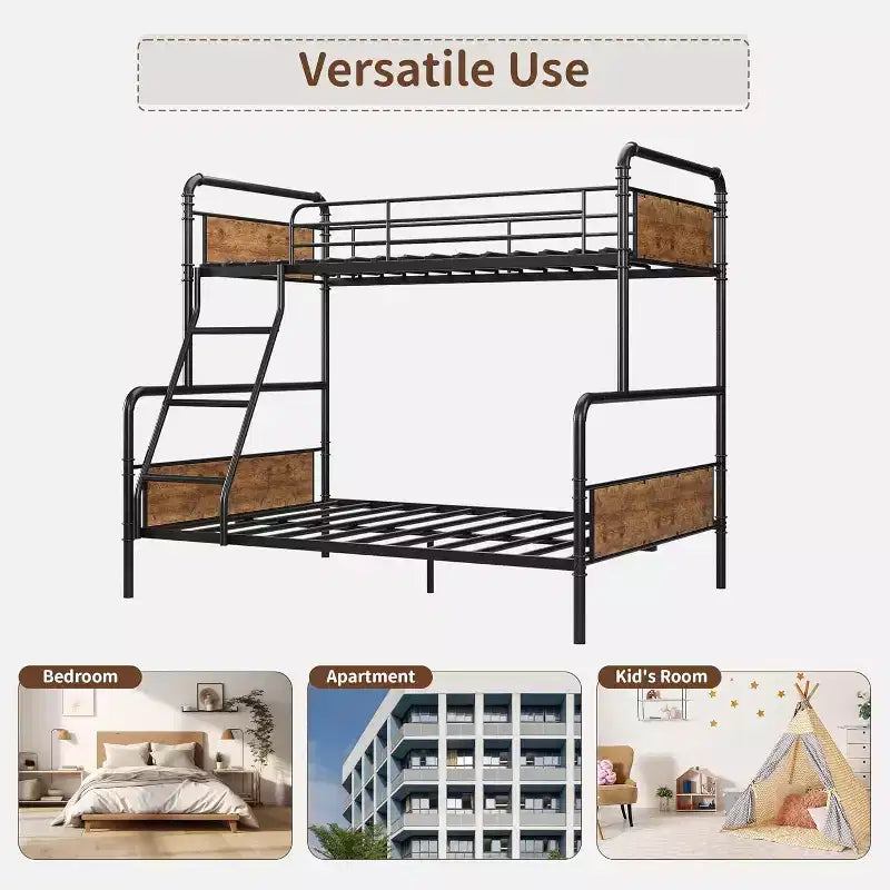 Metal Bunk Beds Twin Over Full Size with Angled Ladder and Safety Guardrails, Space Saving, Sturdy, Convertible Metal Bunk Beds