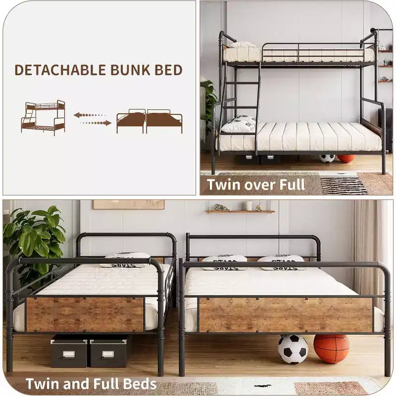 Metal Bunk Beds Twin Over Full Size with Angled Ladder and Safety Guardrails, Space Saving, Sturdy, Convertible Metal Bunk Beds