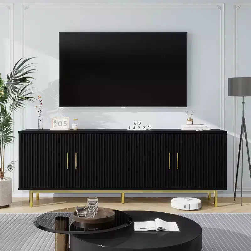 Dyonery 70 grooved TV stand cabinet, modern TV stand in the entertainment center,control table with grooved doors and adjustable shelves,White/Black