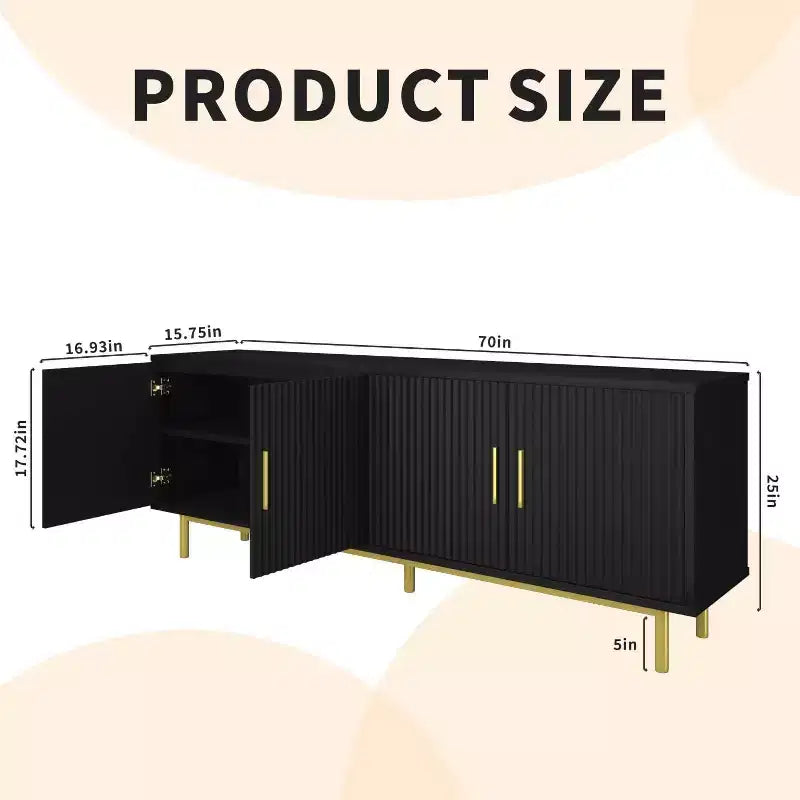 70 Grooved TV Stand Cabinet, Modern TV Stand Entertainment Center with Grooved Doors and Adjustable Shelves, White/Black
