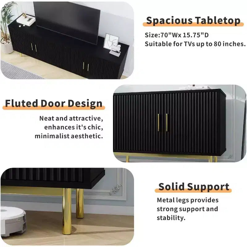 70 Grooved TV Stand Cabinet, Modern TV Stand Entertainment Center with Grooved Doors and Adjustable Shelves, White/Black