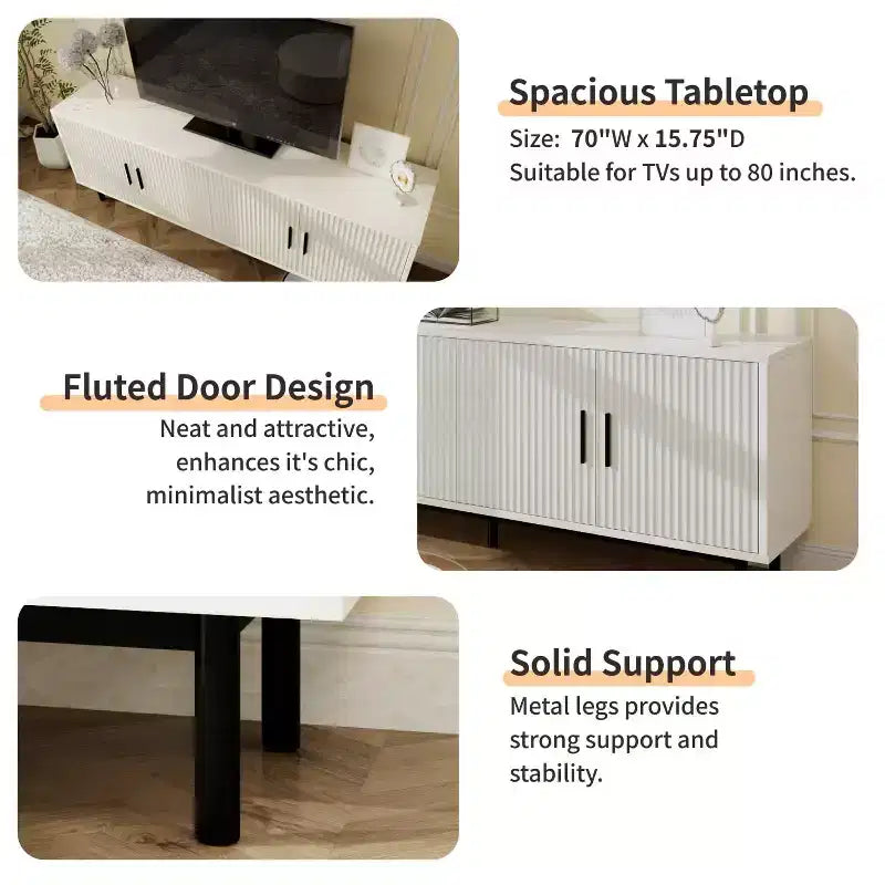 70 Grooved TV Stand Cabinet, Modern TV Stand Entertainment Center with Grooved Doors and Adjustable Shelves, White/Black