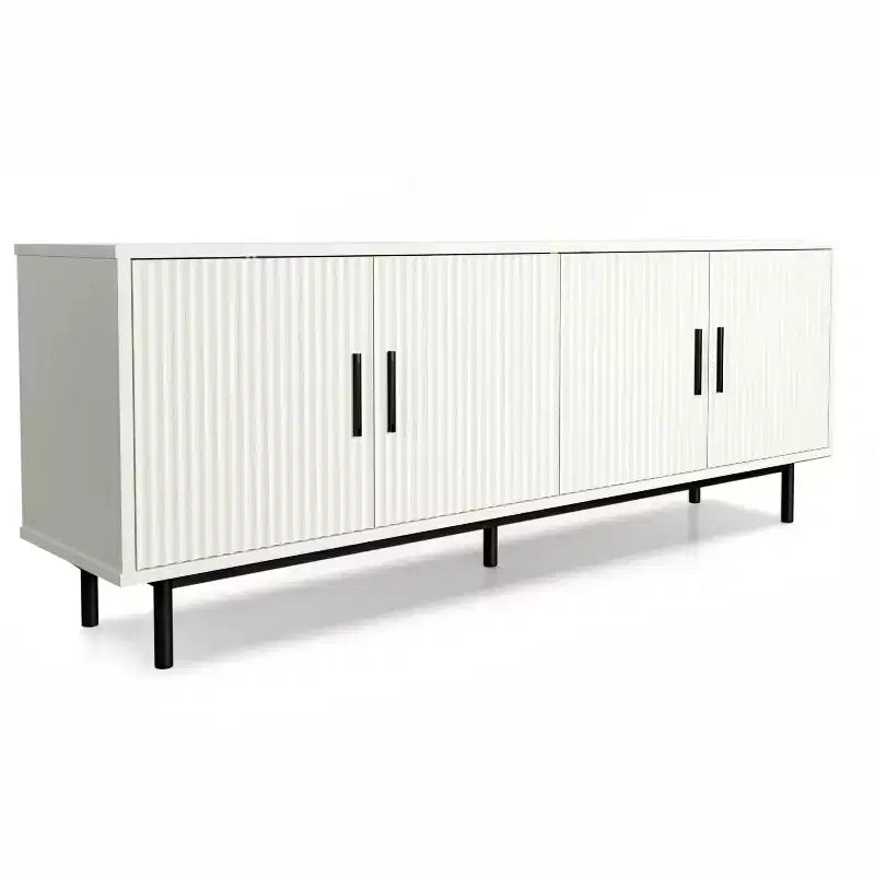 70 Grooved TV Stand Cabinet, Modern TV Stand Entertainment Center with Grooved Doors and Adjustable Shelves, White/Black
