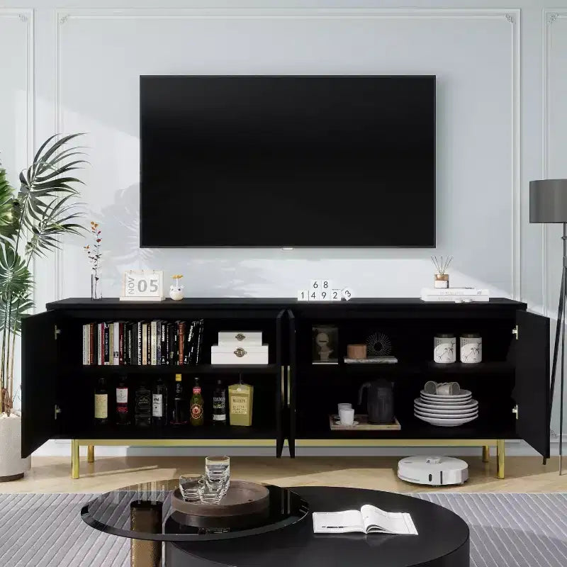 70 Grooved TV Stand Cabinet, Modern TV Stand Entertainment Center with Grooved Doors and Adjustable Shelves, White/Black