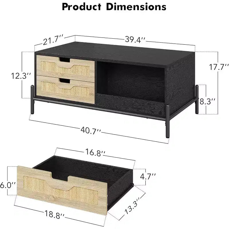 Farmhouse Rattan Coffee Table with 2 Drawers, Storage Cabinet & Open Shelf, Metal Frame Rectangle End Table Black & Oak