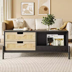 Farmhouse Rattan Coffee Table with 2 Drawers, Storage Cabinet & Open Shelf, Metal Frame Rectangle End Table Black & Oak