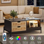 Farmhouse Rattan Coffee Table with 2 Drawers, Storage Cabinet & Open Shelf, Metal Frame Rectangle End Table Black & Oak