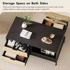 Farmhouse Rattan Coffee Table with 2 Drawers, Storage Cabinet & Open Shelf, Metal Frame Rectangle End Table Black & Oak