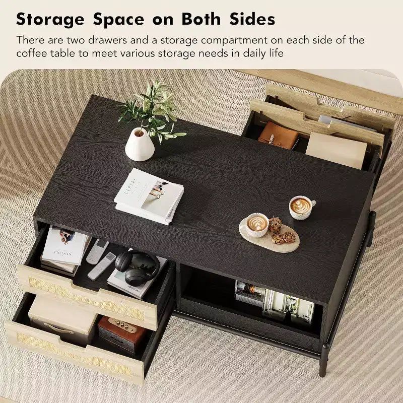 Farmhouse Rattan Coffee Table with 2 Drawers, Storage Cabinet & Open Shelf, Metal Frame Rectangle End Table Black & Oak