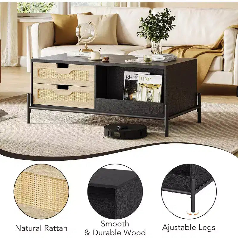 Farmhouse Rattan Coffee Table with 2 Drawers, Storage Cabinet & Open Shelf, Metal Frame Rectangle End Table Black & Oak