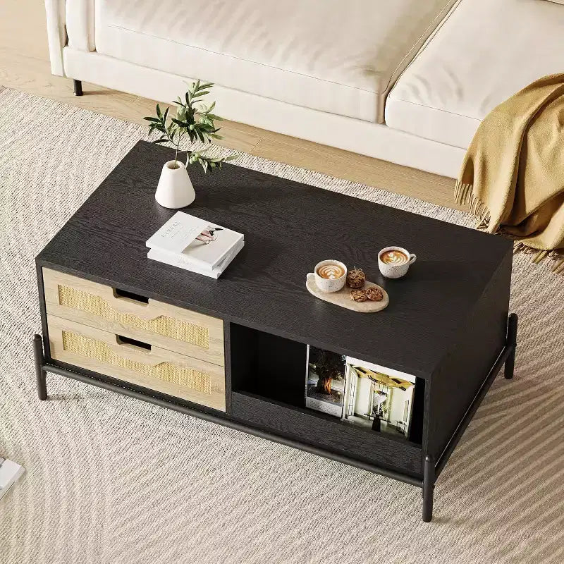 Farmhouse Rattan Coffee Table with 2 Drawers, Storage Cabinet & Open Shelf, Metal Frame Rectangle End Table Black & Oak