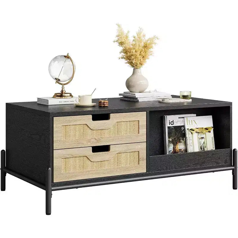 Farmhouse Rattan Coffee Table with 2 Drawers, Storage Cabinet & Open Shelf, Metal Frame Rectangle End Table Black & Oak
