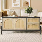 Farmhouse Rattan Coffee Table with 2 Drawers, Storage Cabinet & Open Shelf, Metal Frame Rectangle End Table Black & Oak