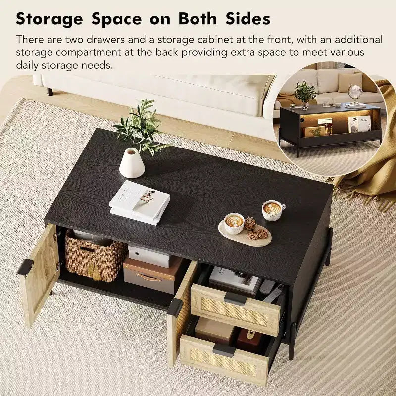 Farmhouse Rattan Coffee Table with 2 Drawers, Storage Cabinet & Open Shelf, Metal Frame Rectangle End Table Black & Oak