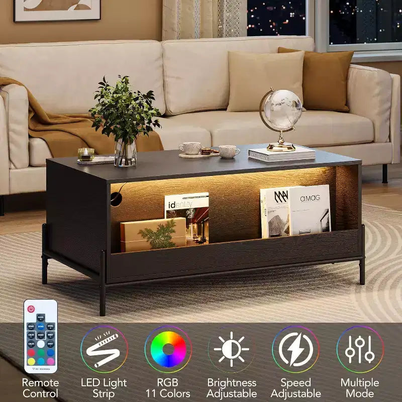 Farmhouse Rattan Coffee Table with 2 Drawers, Storage Cabinet & Open Shelf, Metal Frame Rectangle End Table Black & Oak