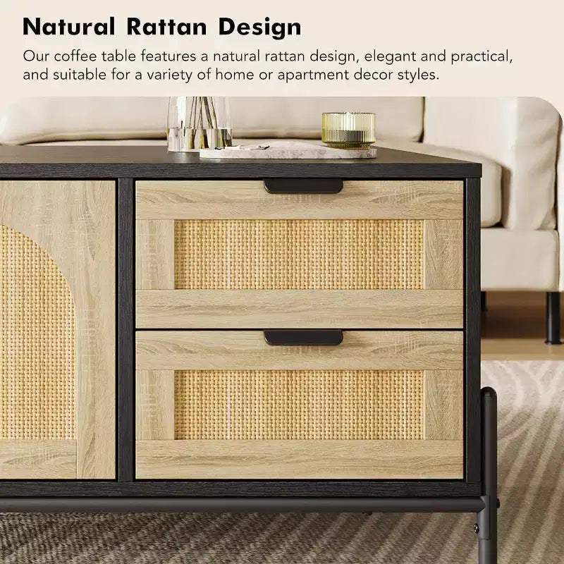 Farmhouse Rattan Coffee Table with 2 Drawers, Storage Cabinet & Open Shelf, Metal Frame Rectangle End Table Black & Oak