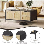 Farmhouse Rattan Coffee Table with 2 Drawers, Storage Cabinet & Open Shelf, Metal Frame Rectangle End Table Black & Oak