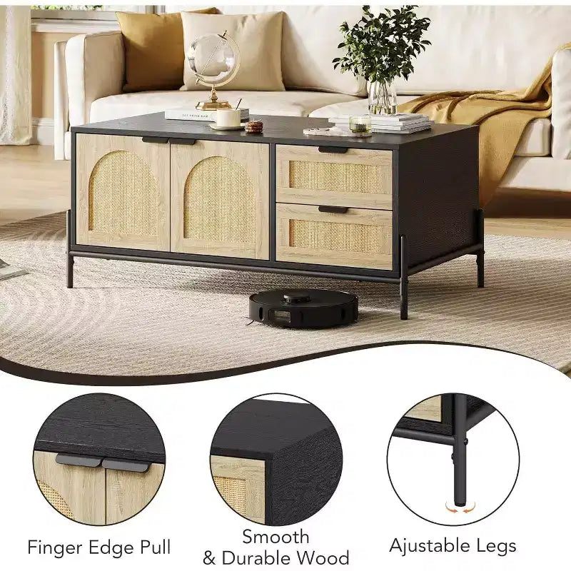 Farmhouse Rattan Coffee Table with 2 Drawers, Storage Cabinet & Open Shelf, Metal Frame Rectangle End Table Black & Oak