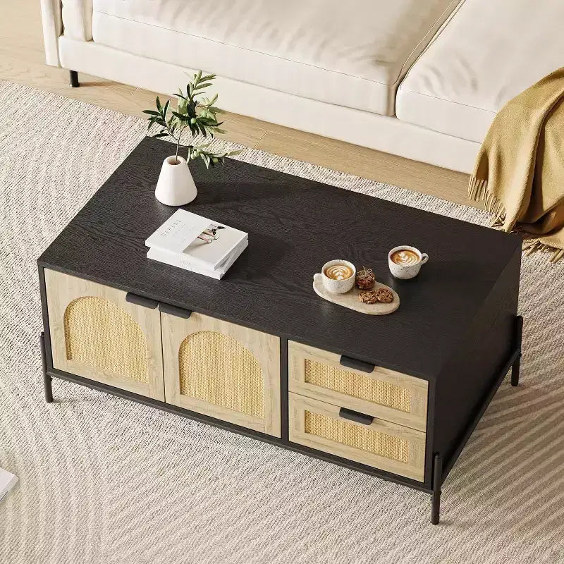 Farmhouse Rattan Coffee Table with 2 Drawers, Storage Cabinet & Open Shelf, Metal Frame Rectangle End Table Black & Oak