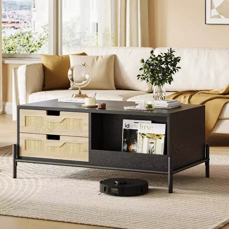 Farmhouse Rattan Coffee Table with 2 Drawers, Storage Cabinet & Open Shelf, Metal Frame Rectangle End Table Black & Oak
