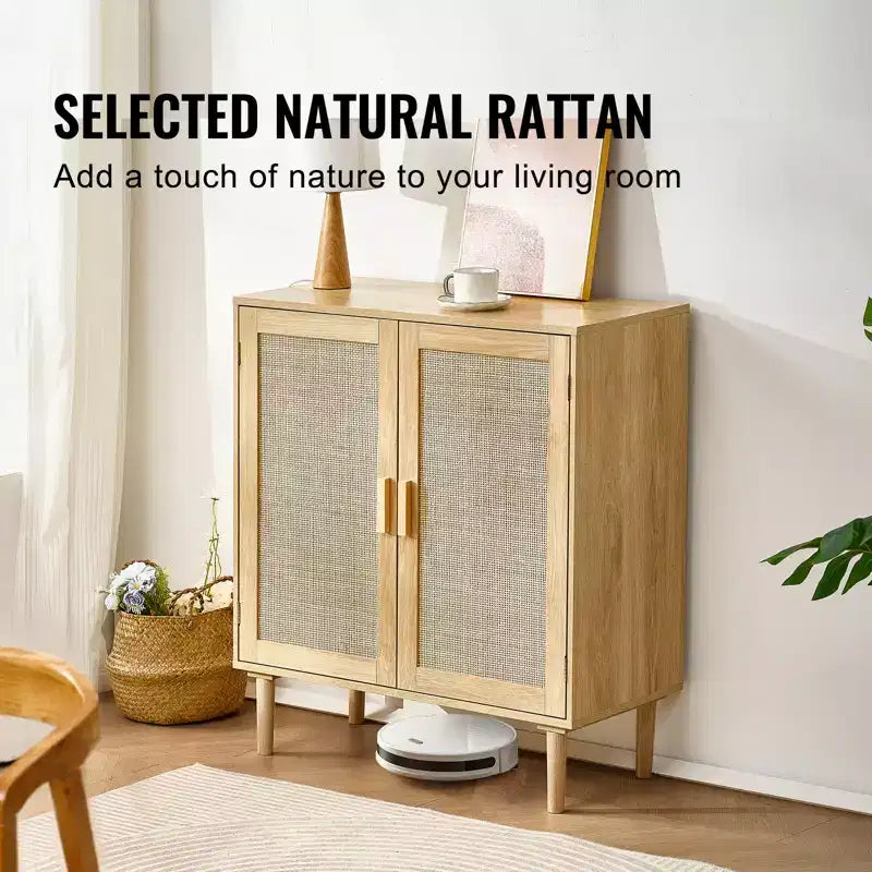 Rattan Cabinet, Rattan Storage Cabinet with 2 Magnetic Doors and Adjustable Shelves, Sideboard Buffet Cabinet for Hallway, Entryway, Natural