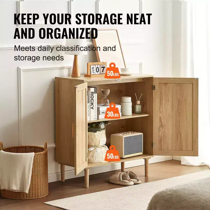 Rattan Cabinet, Rattan Storage Cabinet with 2 Magnetic Doors and Adjustable Shelves, Sideboard Buffet Cabinet for Hallway, Entryway, Natural