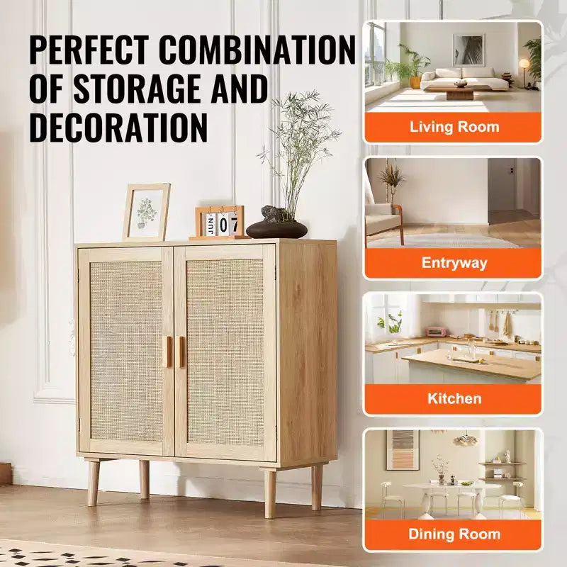 Rattan Cabinet, Rattan Storage Cabinet with 2 Magnetic Doors and Adjustable Shelves, Sideboard Buffet Cabinet for Hallway, Entryway, Natural