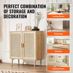 Rattan Cabinet, Rattan Storage Cabinet with 2 Magnetic Doors and Adjustable Shelves, Sideboard Buffet Cabinet for Hallway, Entryway, Natural