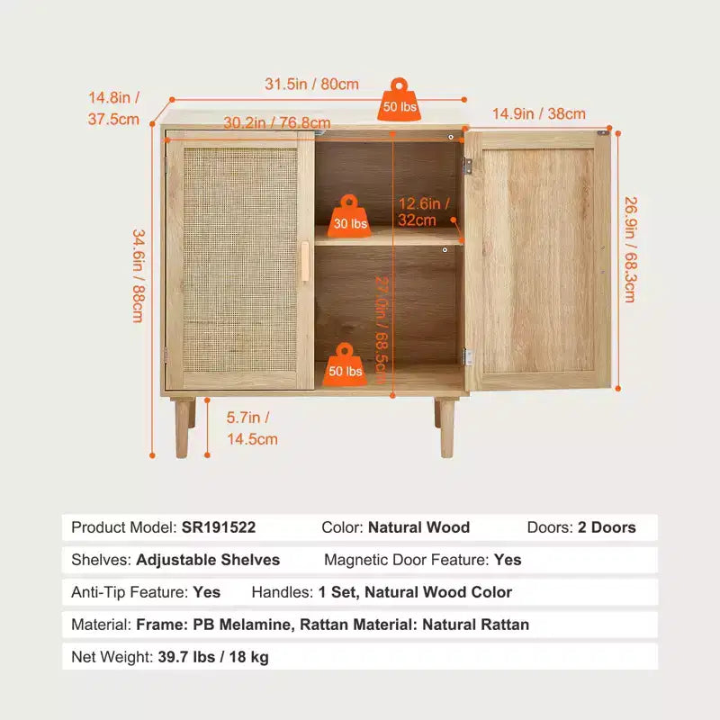 Rattan Cabinet, Rattan Storage Cabinet with 2 Magnetic Doors and Adjustable Shelves, Sideboard Buffet Cabinet for Hallway, Entryway, Natural