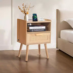 Rattan Nightstand, Boho Bedside Table with Drawer Open Shelf, Rattan End Table Wooden Nightstand with Solid Wood Legs, Natural