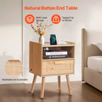 Rattan Nightstand, Boho Bedside Table with Drawer Open Shelf, Rattan End Table Wooden Nightstand with Solid Wood Legs, Natural