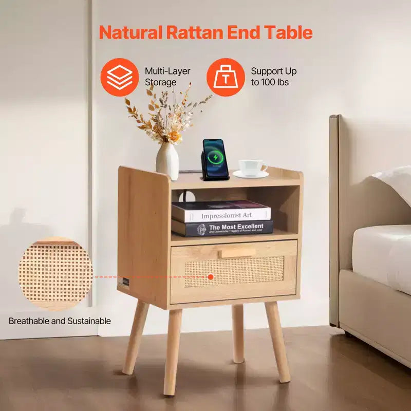 Rattan Nightstand, Boho Bedside Table with Drawer Open Shelf, Rattan End Table Wooden Nightstand with Solid Wood Legs, Natural