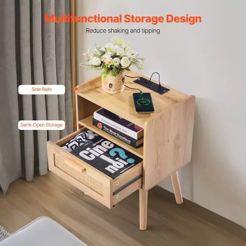 Rattan Nightstand, Boho Bedside Table with Drawer Open Shelf, Rattan End Table Wooden Nightstand with Solid Wood Legs, Natural