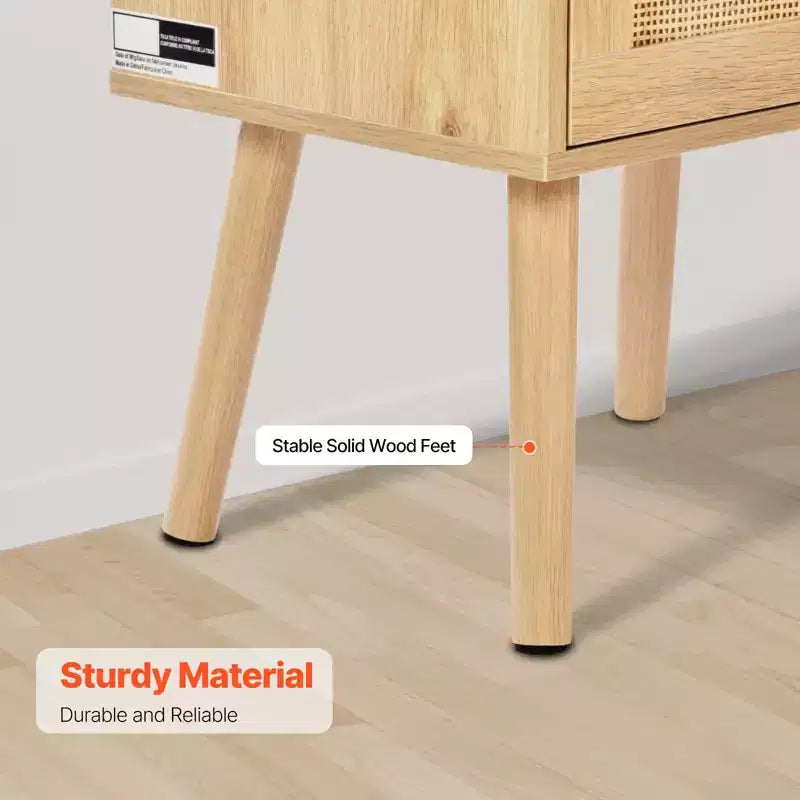 Rattan Nightstand, Boho Bedside Table with Drawer Open Shelf, Rattan End Table Wooden Nightstand with Solid Wood Legs, Natural