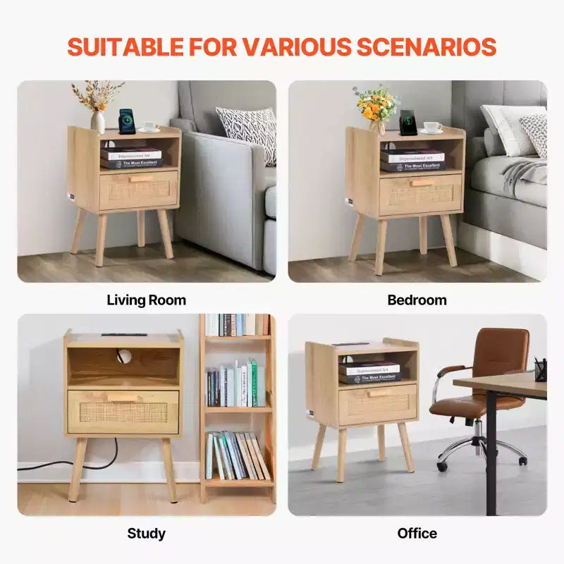 Rattan Nightstand, Boho Bedside Table with Drawer Open Shelf, Rattan End Table Wooden Nightstand with Solid Wood Legs, Natural