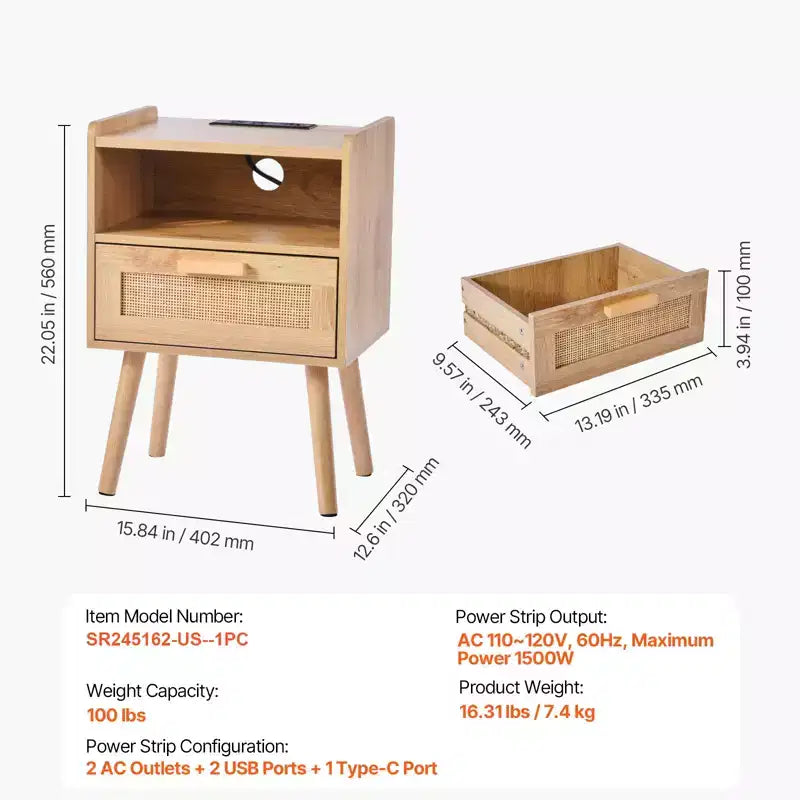 Rattan Nightstand, Boho Bedside Table with Drawer Open Shelf, Rattan End Table Wooden Nightstand with Solid Wood Legs, Natural
