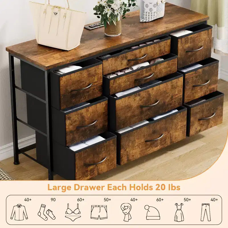TV Stand for 55'' TV with Power Outlet, Entertainment Center, Dresser with 10 Large Drawers