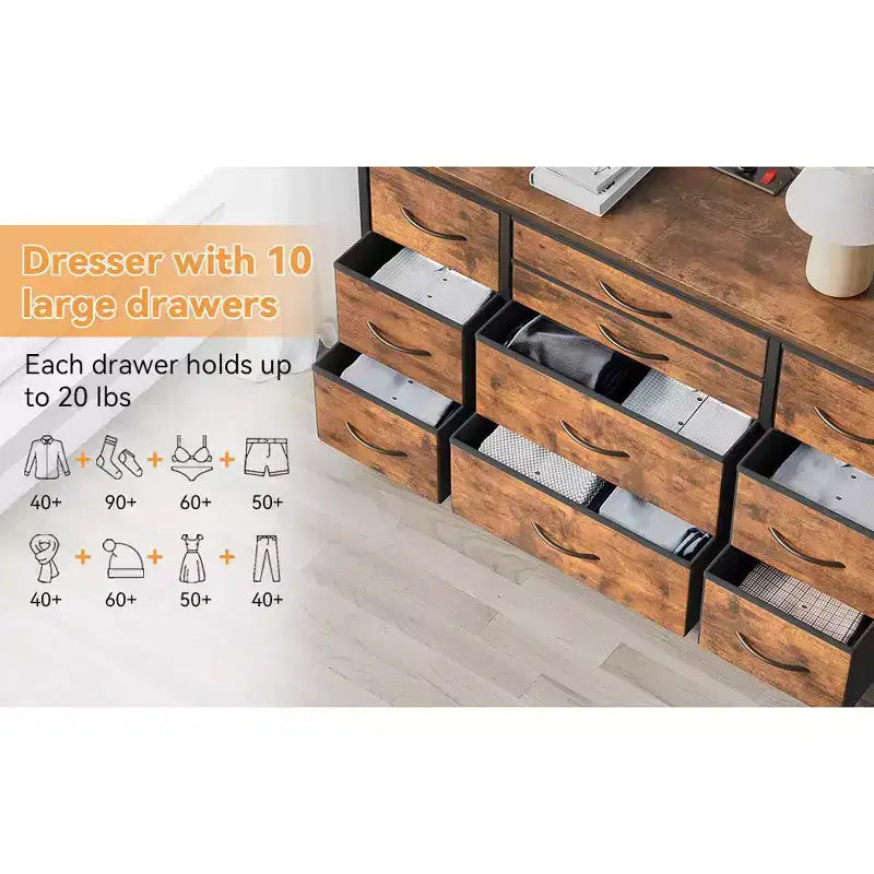 TV Stand for 55'' TV with Power Outlet, Entertainment Center, Dresser with 10 Large Drawers