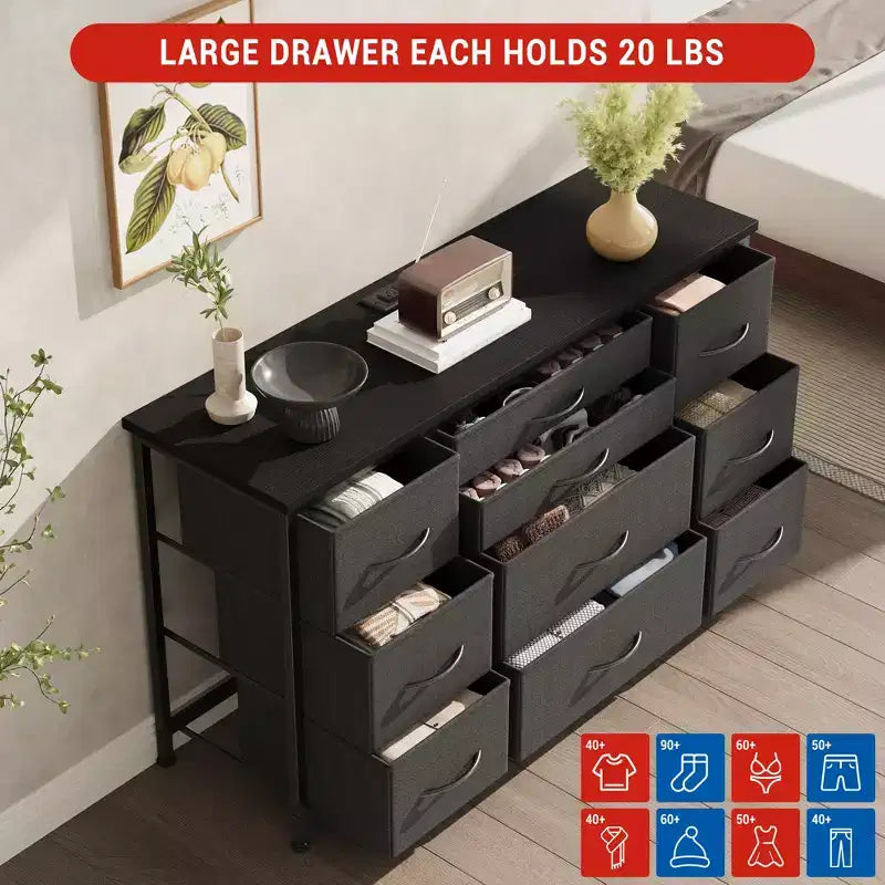 TV Stand for 55'' TV with Power Outlet, Entertainment Center, Dresser with 10 Large Drawers