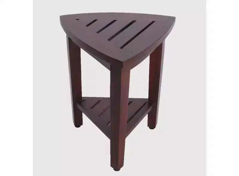 HomeRoots Compact Teak Corner Shower Outdoor Bench With Shelf In Brown Finish