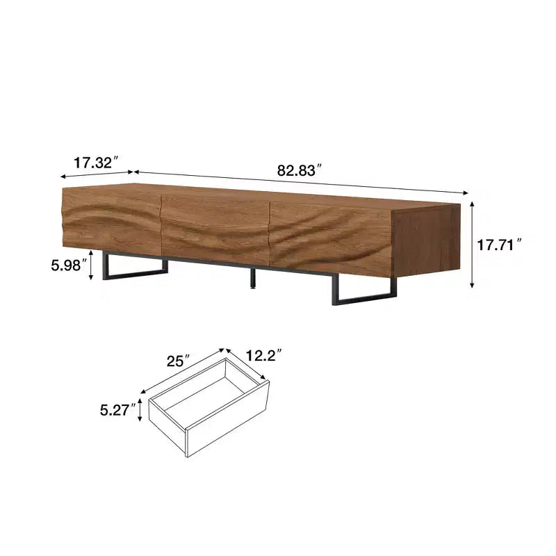 82.83 Modern Solid Wood Relief TV Stand - 3 Drawers, Metal Legs & Ventilation Holes