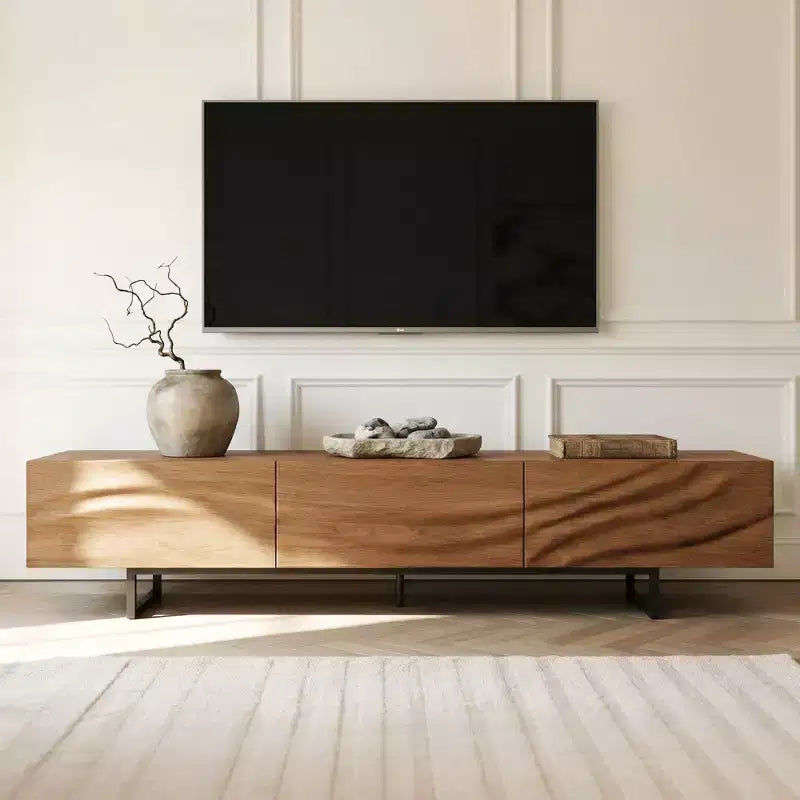 82.83 Modern Solid Wood Relief TV Stand - 3 Drawers, Metal Legs & Ventilation Holes