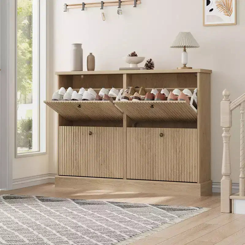 Shoe Cabinet Storage for Entryway with 4 Flip Drawers,Freestanding Cabinet with Adjustable Shelves,Wooden Hidden Shoe Rack for Hallway