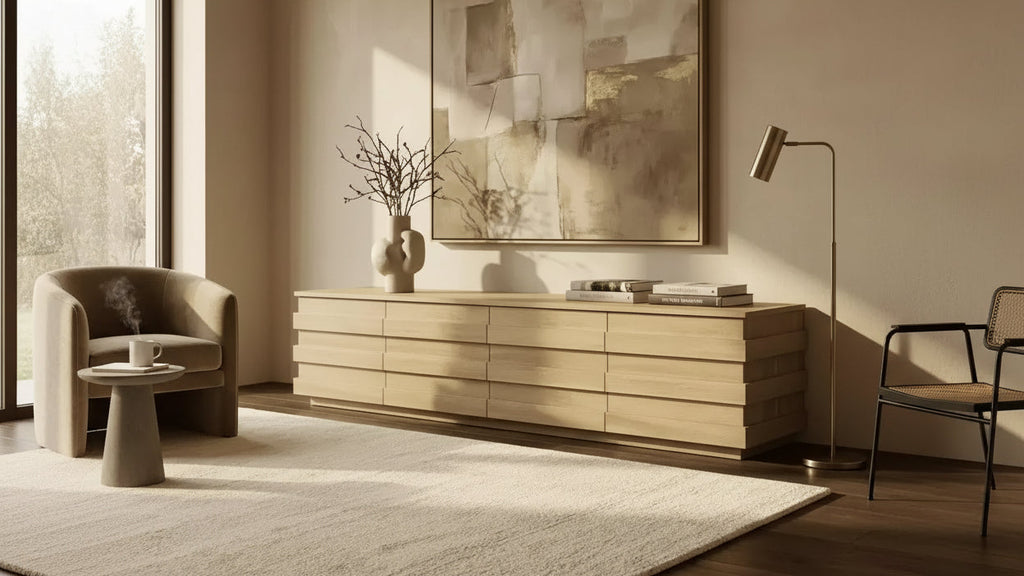 Famapy 78.7 TV Stand with Decorative Strips,Media Console with Spacious Top & 4 Drawers,Minimalist Entertainment Center for TVs Up to 75