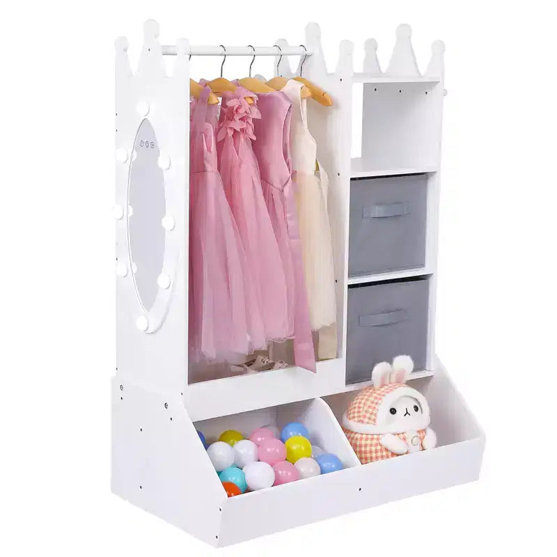 Kids Dress Up Wardrobe with Light and Mirror  Wooden Armoire Closet  Open Hanging Clothing Rack, Storage Bins for Girls Bedroom or Playroom
