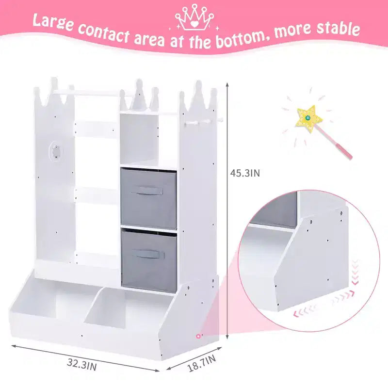 Kids Dress Up Wardrobe with Light and Mirror  Wooden Armoire Closet  Open Hanging Clothing Rack, Storage Bins for Girls Bedroom or Playroom